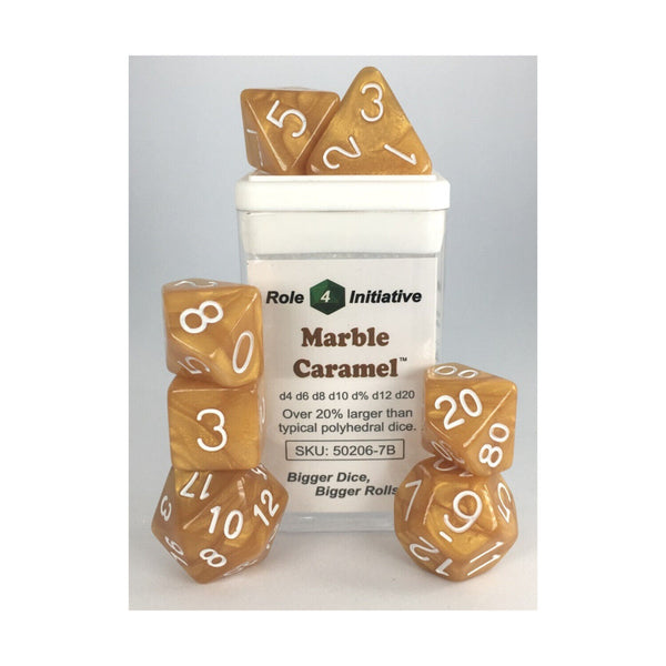 R4I Dice Poly Set Marble Caramel w/White (7)