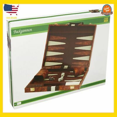 Portable Backgammon Set 18" Brown White Faux Leather